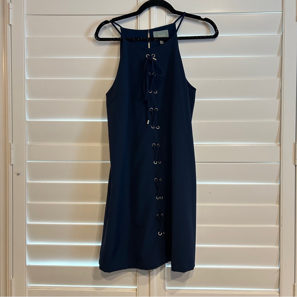 Skies are Blue Lace Up Front Grommet Mini Dress Navy Blue Size Medium - Picture 2 of 5